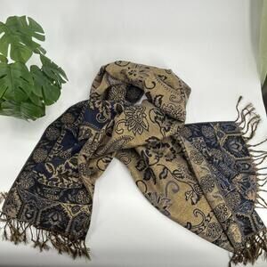 PASHMINA Royal Blue Gold Metallic Reversible Tassel Scarf Shawl Wrap Women's